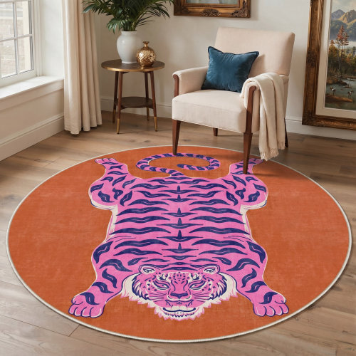 Bungalow Rose Kai Sunset Jungle Tiger Animal Machine Washable Print Orange / Pink / Blue Indoor Area Rug with Non-Slip Backing & Reviews | Wayfair