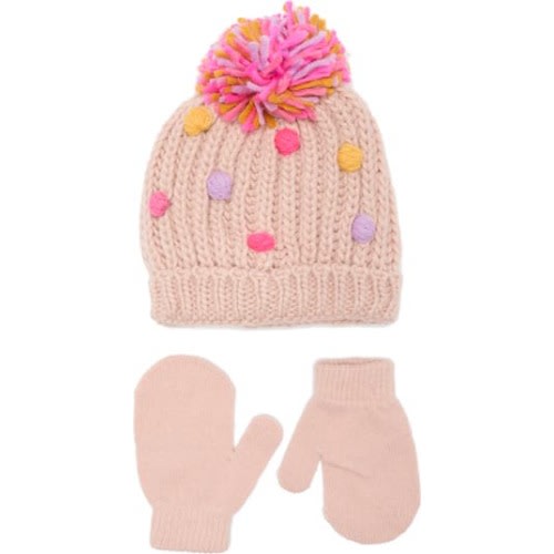 Pompom Knit Cap & Mittens Set