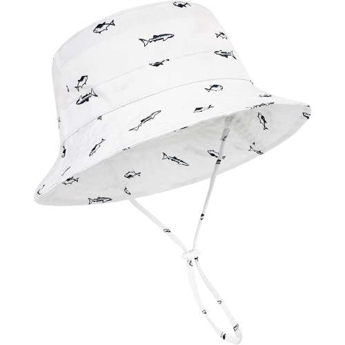 Zando Baby Sun Hat UPF 50+ UV Protection Summer Toddler Bucket Hat with Wide Brim Graphic Print for Boys Girls Fish White 6-12 Months