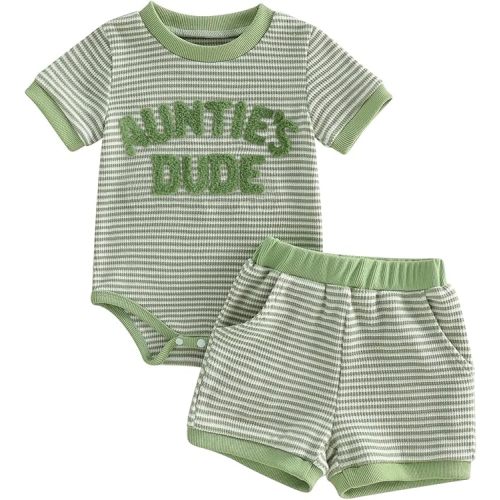 Mamas Boy Baby Clothes​ Summer Newborn 3 6 9 12 Months Striped Waffle Knit Short Sleeve Romper Shorts Set Outfit
