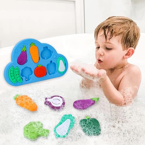 Baby Bath Toys, Silcone Mold Free Vegetable Bath Toys, Soft Toddlers Floating Bathtub Toy, No Hole Tub Water Toys, Shape Sorting&Matching Educational Learning Toy Gift for Boys Girls Kids 3 Year+