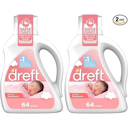 Dreft Stage 1: Newborn Hypoallergenic Liquid Baby Laundry Detergent (HE), Natural for Baby, Newborn, or Infant, 100 Ounces (64 loads) (Pack of 2)