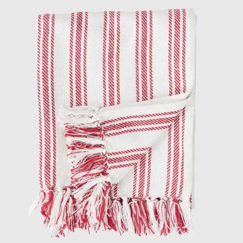 Blue Cotton Ticking Blanket Red Stripe Throw Traditional Woven Textile Farmhouse Holiday Pillow Patriotic Home Accent Seasonal Classic Desig