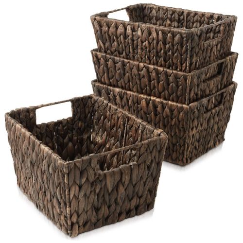 Casafield Set of 4 Hyacinth Storage Baskets with Handles - Espresso Brown, 12" x 9" x 6" Rectangular Bins for Shelves, Blankets, Laundry Organization