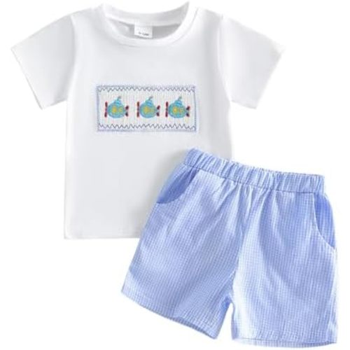 Toddler Baby Boys Smocked Outfit Summer Short Sleeve Embroidery T-Shirt Gingham Plaid Shorts Two Piece Clothes Set