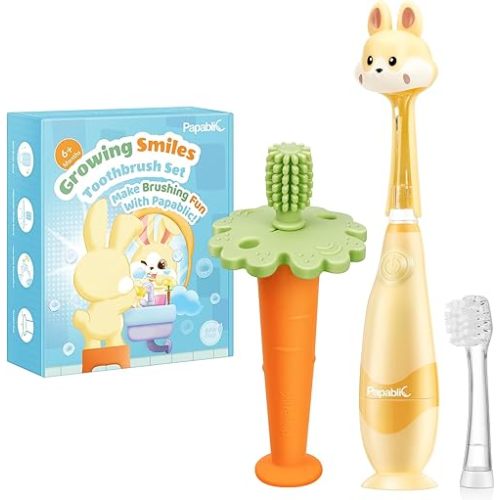 Papablic Growing-Smiles Baby Training Toothbrush Set, Baby Toothbrush 6 to 12 Months, Infant Toothbrush 12 Months and Up, Carrot Teether & Bunny Sonic Electric Toothbrush
