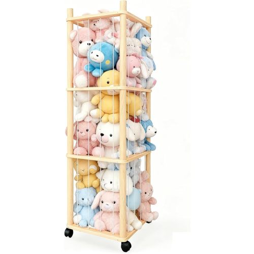 Stuffed Animal Zoo Storage - Sturdy Solid Wood Toy Organizer with Lockable Wheels, Easy-Assemble/Clean, Large Capacity Plush Toy Cage, Space-Saving for Toddler/Playrooms/Bedrooms
