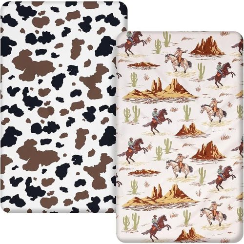 Mindsoft 2 Pcs 24 x 38 in Western Cowboy Infant Crib Sheets Set Mini Portable Crib Sheet Newborn Bedding Nursery Baby Sheets for Girl Boys Baby Gifts Breathable Only for Pack and Play