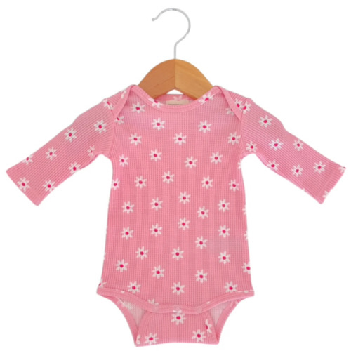 Organic Waffle Long Sleeve Bodysuit, Pink Flower, 0-3M