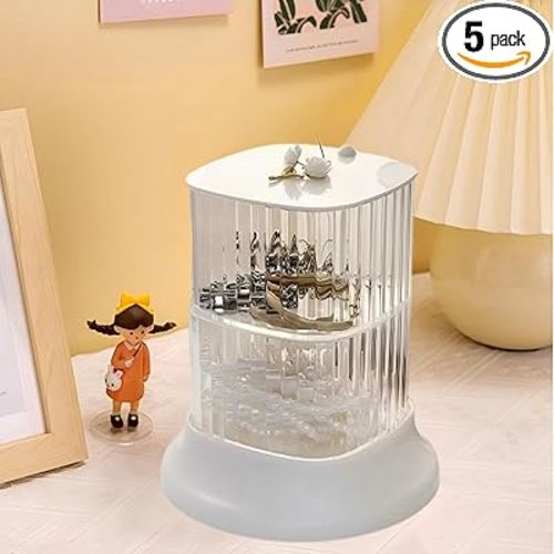 Hair Accessory Organizer, 2-Layer Rotating Clear Hair Tie Organizer for Hair Clips, Headbands, Hair Ties, Earring, Necklace, Ring, Jewelry Boxes & Organizers for Girls & Women (2 Layer White)