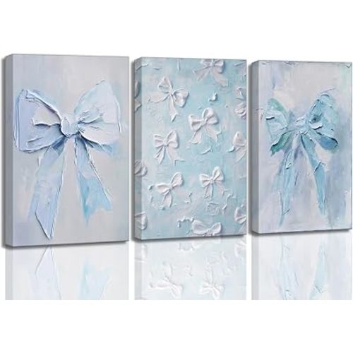 3Pcs Trendy Blue Bow Canvas Wall Art Vintage Cute Preppy Watercolor Bow Painting Pictures Wall Decor Posters Prints Girly Aesthetic for College Apartment Bedroom Decoration