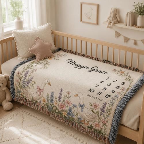Personalized Baby Girl Milestone Goose Blanket, Custom Floral Monthly Blanket With Name, Wildflower Woven Blanket, Baby Shower Gift Newborn