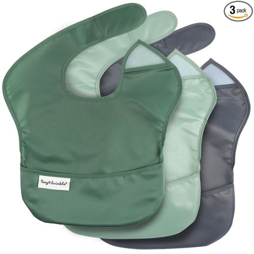 Tiny Twinkle Mess-Proof Baby Bibs for Eating | Waterproof, Wipeable Toddler Bibs with Catch-All Pocket | Feeding Bibs for Girls & Boys(3 Pack,Olive. Slate)