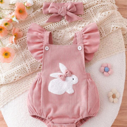 SHEIN Playful Pals 2pcs Baby Cute Rabbit Embroidery & Pom Pom Decor Bodysuit Set, Summer