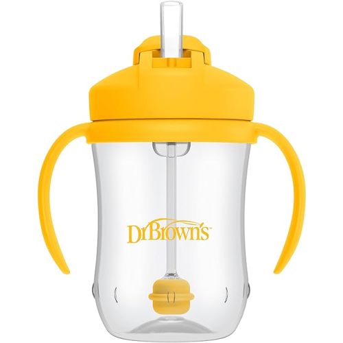 Dr. Brown's Milestones Baby's First Straw Cup, Training Cup with Weighted Straw, 9oz/270mL, Vintage Yellow, BPA Free, 6m+