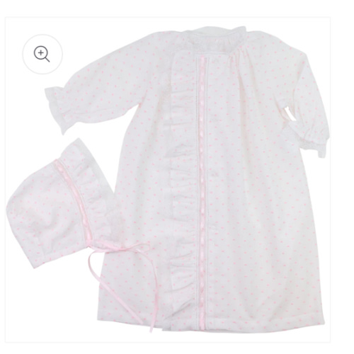 Pink Swiss Dot Heirloom Ribbon Baby Gown And Bonnet – Cecil & Lou