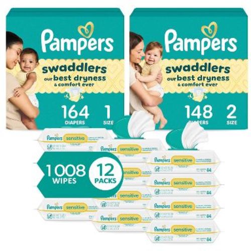 Pampers Swaddlers Sensitive Disposable Diapers Size 1 - 164ct + Size 2 - 148ct + Sensitive Baby Wipes - 1008ct