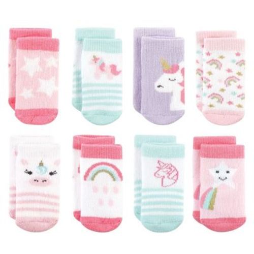 Hudson Baby Infant Girls Cotton Rich Newborn and Terry Socks, Unicorn 8-Pack, 6-12 Months