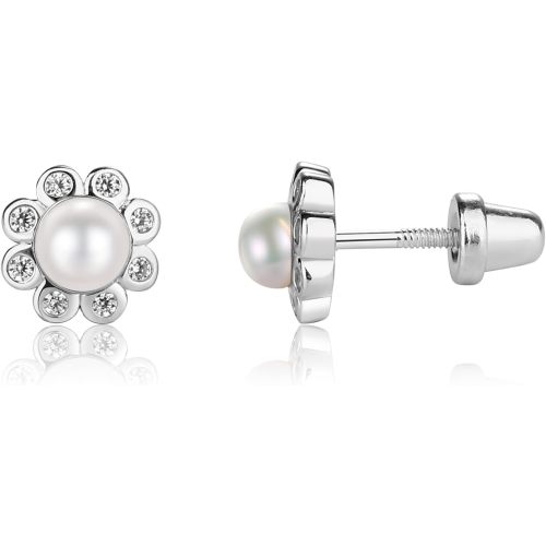 Cherished Moments Girl's .925 Sterling Silver White or Pink Cultured Pearl Button Earring with CZs (Screw Back)