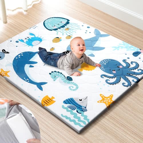 TINYHARBO Premium Foam Baby Play Mat 47x47 – Removable & Machine Washable Cover, Extra Thick Padding Playpen Mat, Non-Slip Crawling Mat, Easy to Clean for Infants, Toddlers & Babies