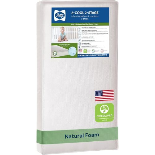 Sealy Baby 2 Cool 2 Stage Breathable Crib Mattress GREENGUARD Gold Certified, Made in USA, Premium Extra Firm Cooling Foam, Toddler Bed Fit, Non Toxic, Safety & Quality Tested, 52x28