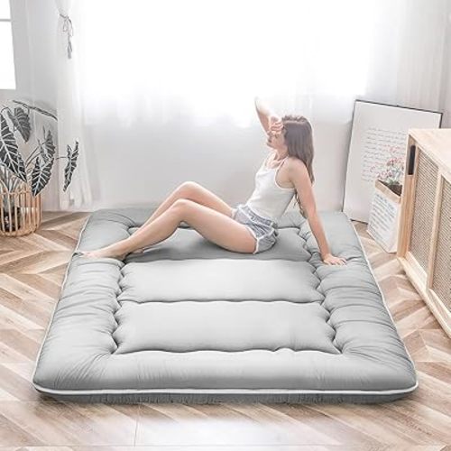 MAXYOYO Japanese Floor Mattress, Thicken Futon Sleeping Pad Foldable Roll Up Mattress Boys Girls Dormitory Floor Lounger Cushion and Sofas, Grey, Twin Size