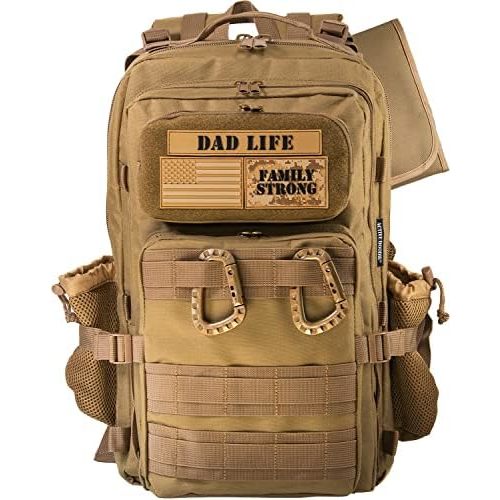 Dad Diaper Bag for Men with Removable Patches, Waterproof Tri-fold Changing Pad, Insulated Pouches, Molle Webbing, YKK Zippers, Coyote Brown