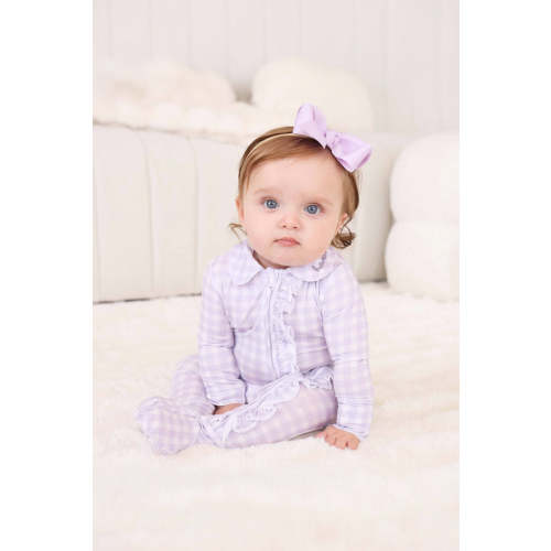 Peter Pan Collar Ruffle Zipper Footie in Lilac Gingham | Caden Lane