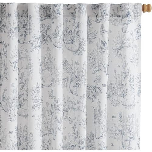 Blue Nursery Curtains for Kids Room Linen Curtains 84 Inch Long Farmhouse Drapes with Bunny Woodland Wildlife Print Light Filtering French Country Forest Design 2 Panels