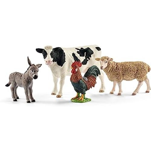 Schleich FARM WORLD - 4 PC Starter Barnyard Animal Set - Includes Cow, Sheep, Rooster and Sheep Figurines - Farm Animal Toys for Kids 3+ | 42385