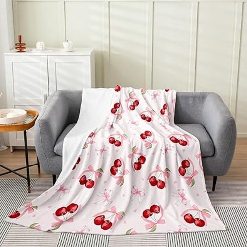 Feelyou Bowknot Cherry Fleece Throw Blanket Baby 30"x40" Kids Cherry Pattern Flannel Blanket Plush Fuzzy for Sofa Couch Boys Girls Teens Cute Fruit Baby Pink All Season