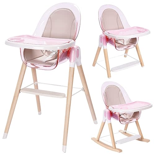 3-in-1 Convertible Baby High Chair with Removable Double Tray, Reclining Seat, Wooden High Chairs for Babies & Toddlers, Highchair, Toddler Chair & Rocking Chair, Easy to Clean