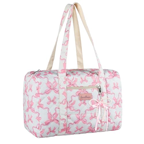 Coquette Bag with Bow Keychain White Pink Floral Travel Duffel Bag for Women Cute Quilted Puffer Bags Shoulder Purse Carry on Bags for Travel Family Trip Christmas Gifts (Pink Bow)