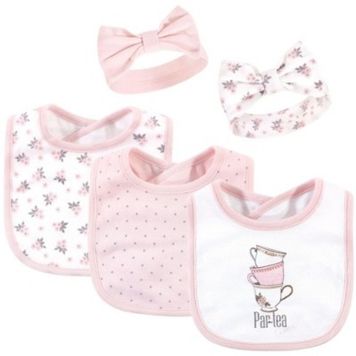 Hudson Baby Infant Girls Cotton Bib and Headband Set 5pk, Partea Time, One Size