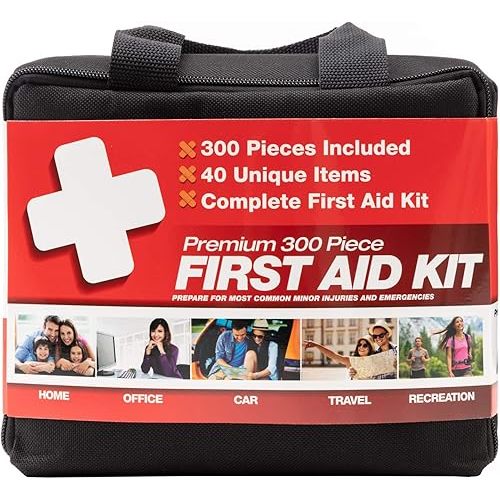 Premium First Aid Kit, 300 Pieces, 40 Unique Items – M2 BASICS First Aid Kit for Home, Car, Vehicles, Business, Travel, Outdoors, Camping, Travel Sports – Durable Bag, Emergency Medical Supplies