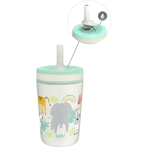 Zak Designs Kelso Toddler Cups For Travel or At Home, 12oz Vacuum Insulated Stainless Steel Sippy Cup With Leak-Proof Design is Perfect For Kids (Safari)