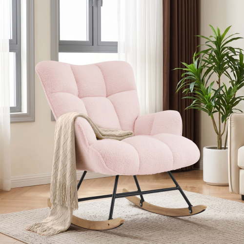 AUNEKIV Nursery Rocking Chair, Teddy Accent Armchair with High Backrest, Upholstered Glider Rocker for Living Room, Bedrooms, Playroom,Pink