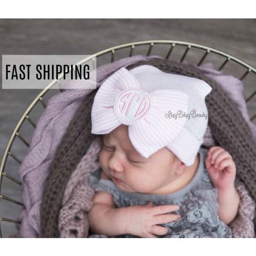 Newborn Baby Girls Hat - Monogrammed Hospital Hat - Personalized Custom Name - Baby Shower Gift - Large Pink Bow Hat - Monogrammed Girls