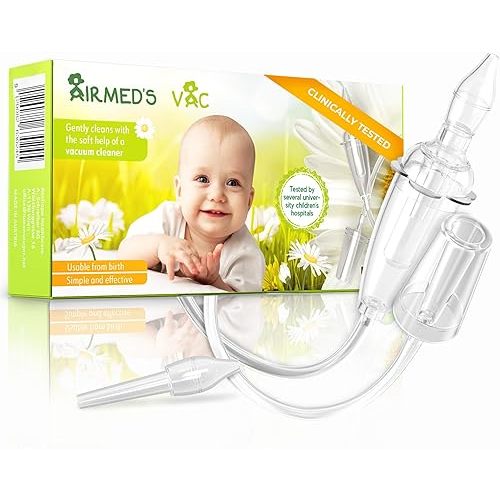 Airmed's Vac Nasal Aspirator Baby. CLINICALLY Tested, Safe and Gentle. Baby Nose Sucker with 2 Suction Heads and Cleaning Brush. Safe and Gentle Baby Nasal Aspirator with Strength of a Vacuum Cleaner