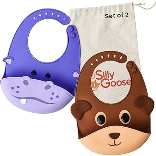 Silly Goose Set of 2 Silicone Animal Baby Bibs for Babies and Toddlers, Waterproof, Adjustable, Soft, Extra Wide Food Catcher Pocket (2PK Hippo+Bear)