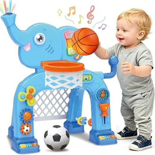 SpringFlower Toddler Basketball Hoop & Soccer Goal Activity Center Toys with Light & Music,Elephant Toddlers Musical Toys Gift, Baby & Toddlers Christmas Birthday Gift for 1 2 3 Year Old Boys & Girls