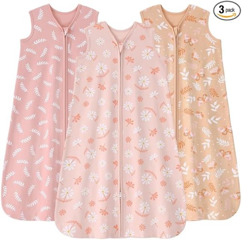Baby Sleep Sack 0-6 Months, 100% Cotton Sleeping Sack for Newborn and Infant, 3 Pack Baby Wearable Blanket for Boy and Girl, 0.5 Tog Lightweight Double Zipper Sleep Bag Pink Orange Flower