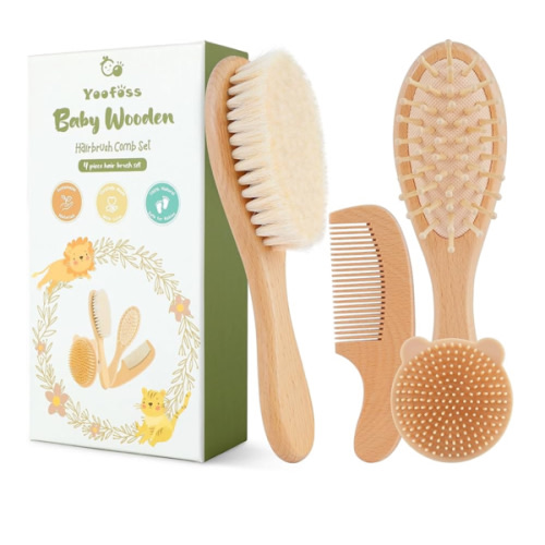 Yoofoss 4 Piece Baby Brush and Comb Set, Wooden Baby Brush with Natural Ultra Soft Goat Hair, Baby Hair Brush for Newborn, Baby Brush Set for Boy Girl
