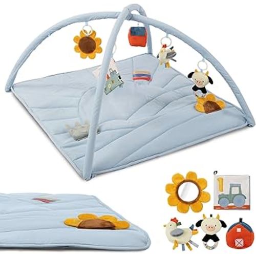 Beautiful Baby Play Gym and Tummy Time Mat - Soft Mat with 5 Farm Toys Creates The Perfect Activity Area for Your Girl/Boy - Stylish Infant Floor Playmat Fits Nicely with Any Playroom Decor