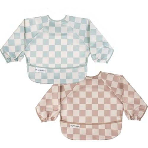 Tiny Twinkle Long Sleeve Bib for Babies&Toddlers|2-Pack Waterproof Smock Bib for Eating|Machine Washable&Mess-Proof Feeding Essentials|Newborn Shower Gift(Sage,Beige Checkers,6-24M)