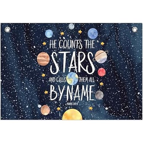 Christian Space Mental Health Wall Canvas Banner, Space Nursery Decor, Navy Blue Solar System Bible Verse Hanging Banner Flag Wall Art Decor for Kids Boys Room Bedroom Playroom, 20x30 Inch