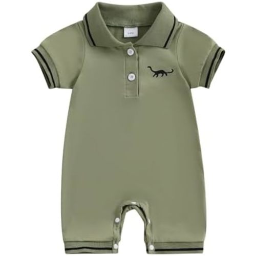 Newborn Baby Boy Summer Outfit Short Sleeve Dinosaur Half Button-up Romper One Piece Bodysuit Jumpsuit 0-18M