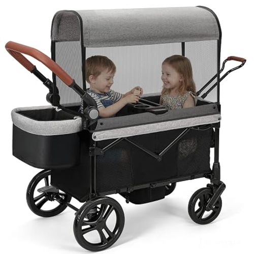 ELEMARA All-Terrain Wagon Stroller for 2 Kids, Foldable Wagon Stroller Includes Removable Canopy,Mosquito net, Adjustable Push＆Pull Handle,Snack Tray & Cup Holders, Storage Basket, Black+Grey