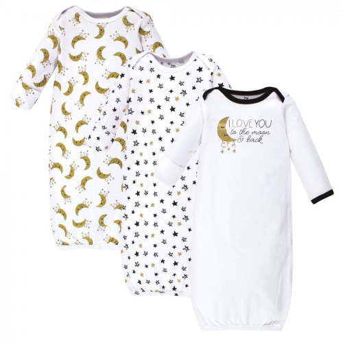 Yoga Sprout Baby Cotton Long-Sleeve Gowns 3pk, Metallic Moon, 0-6 Months