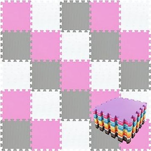 qqpp EVA Rubber 18 Tiles Interlocking Puzzle Foam Floor Mats - Baby Play Mat for Playing | Exercise Mat for Home Workout. White, Pink, Gray. QC-ACLb18N